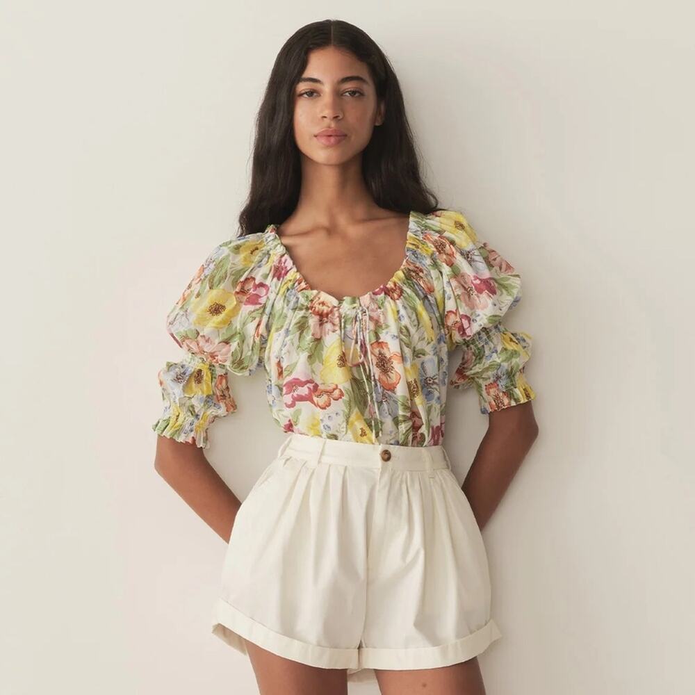 Doen Inez Cotton Voile Floral Tie 3/4 Sleeve Blouse Top Blanc Anemone Bloom